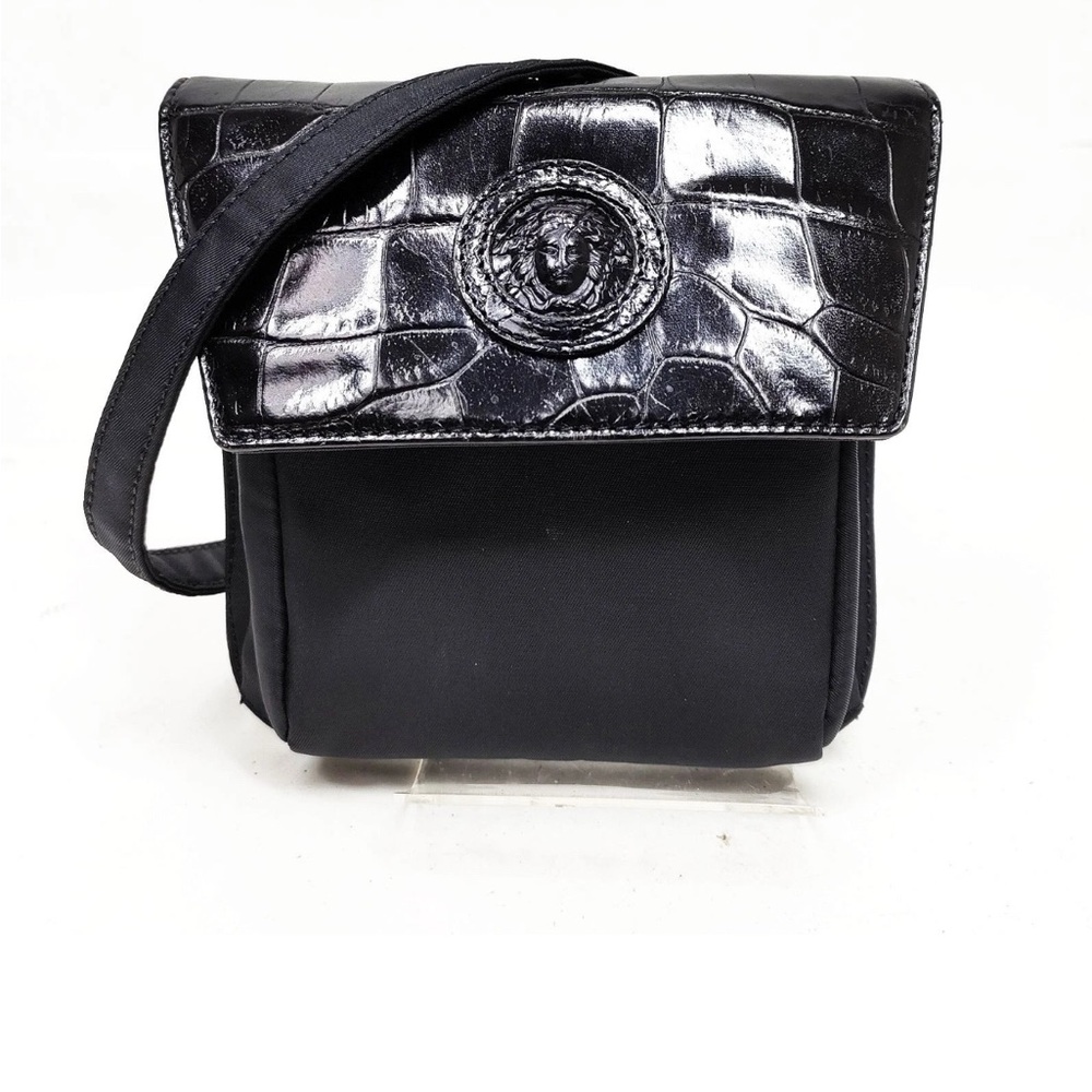 Rare , hard to find .Versace Black Croc-Embossed Crossbody nylon mini-small Bag